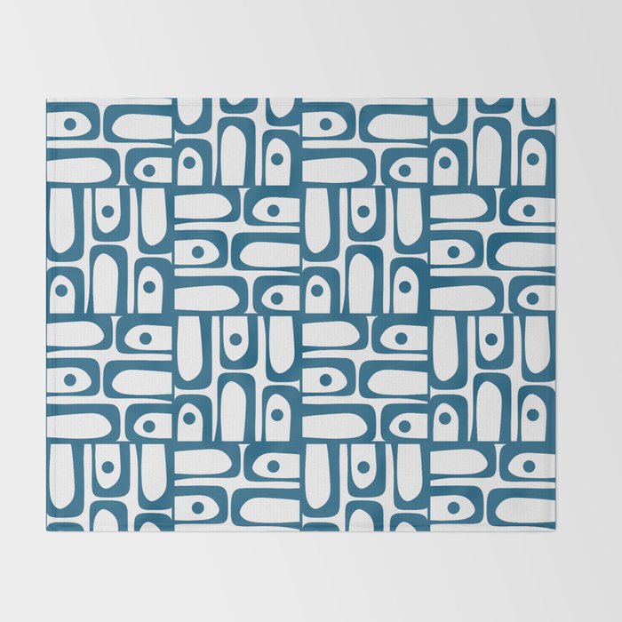 Mid Century Modern Piquet Abstract Multi Geometric Pattern in Blue and White Throw Blanket Gallery Image 2