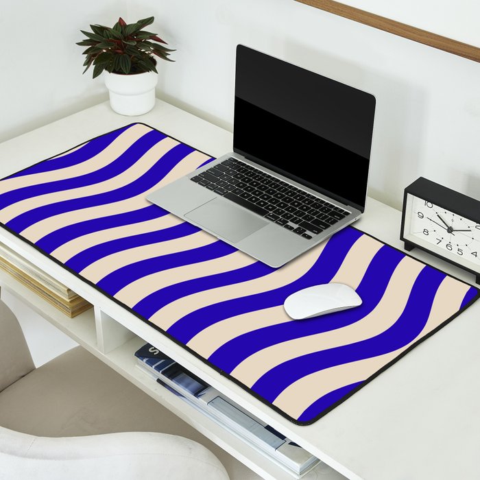 Wobbly Pop Stripes Pattern in Cobalt Blue and Beige Desk Mat Gallery Image 2