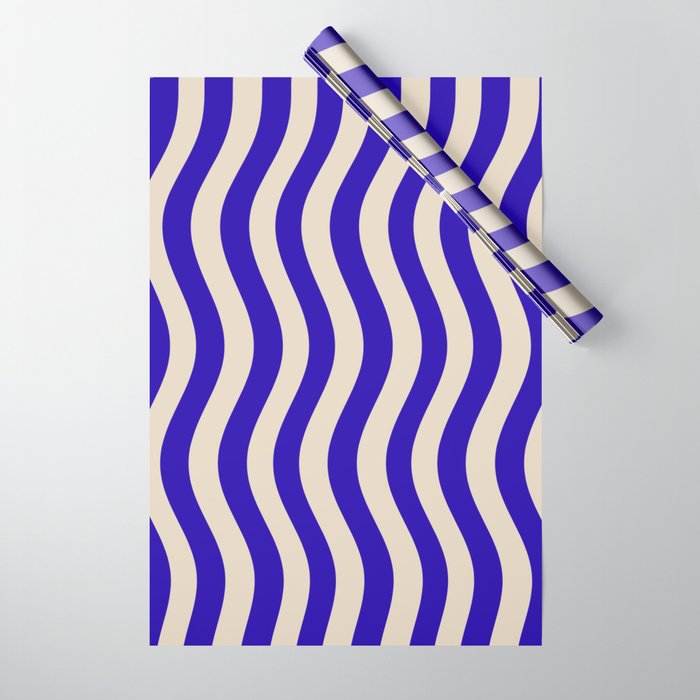 Wobbly Pop Stripes Pattern in Cobalt Blue and Beige Wrapping Paper Gallery Image 1