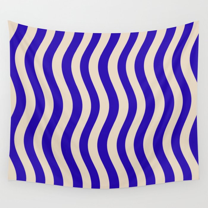 Wobbly Pop Stripes Pattern in Cobalt Blue and Beige Wall Tapestry Gallery Image 4