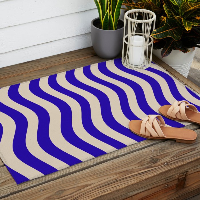 Wobbly Pop Stripes Pattern in Cobalt Blue and Beige Outdoor Rug Gallery Image 2