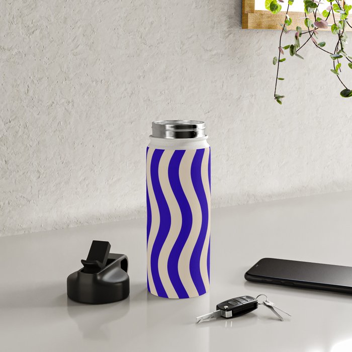Wobbly Pop Stripes Pattern in Cobalt Blue and Beige Water Bottle Gallery Image 4