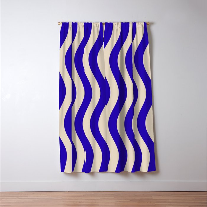 Wobbly Pop Stripes Pattern in Cobalt Blue and Beige Window Curtain Gallery Image 3