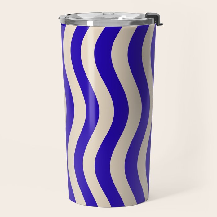 Wobbly Pop Stripes Pattern in Cobalt Blue and Beige Travel Mug Gallery Image 2