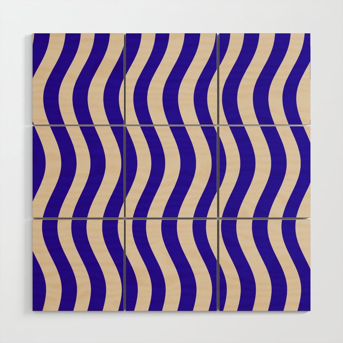 Wobbly Pop Stripes Pattern in Cobalt Blue and Beige Wood Wall Art Gallery Image 1