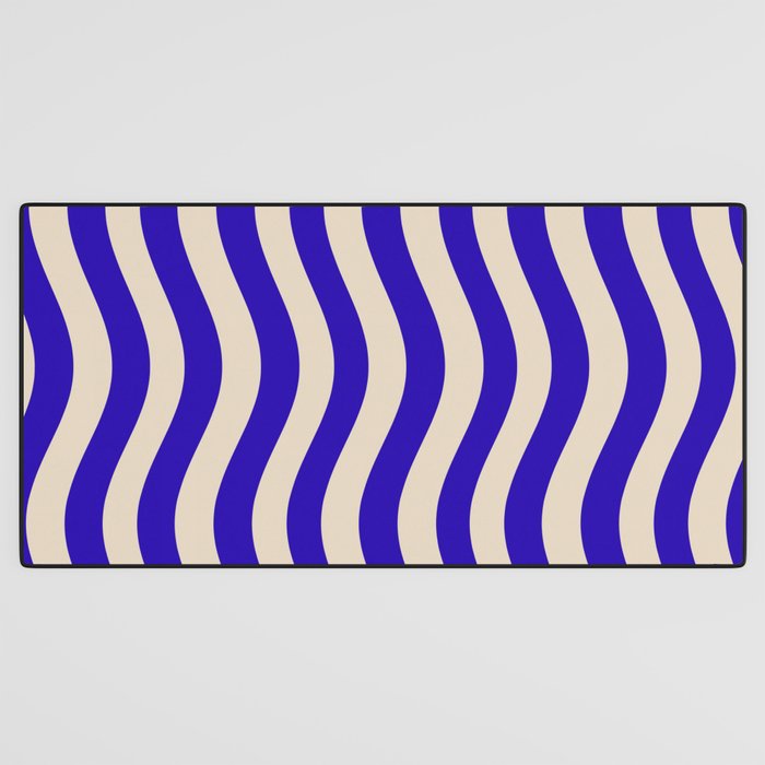 Wobbly Pop Stripes Pattern in Cobalt Blue and Beige Desk Mat Gallery Image 3