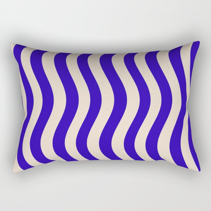 Wobbly Pop Stripes Pattern in Cobalt Blue and Beige Rectangular Pillow Gallery Image 1