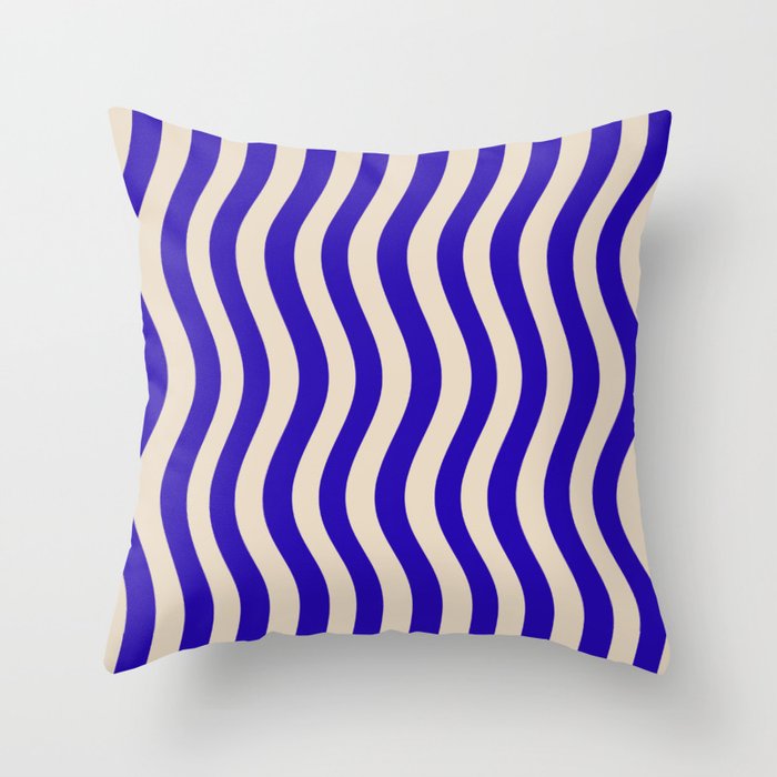 Wobbly Pop Stripes Pattern in Cobalt Blue and Beige Throw Pillow Gallery Image 6