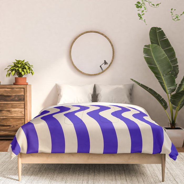 Wobbly Pop Stripes Pattern in Cobalt Blue and Beige Comforter Gallery Image 3