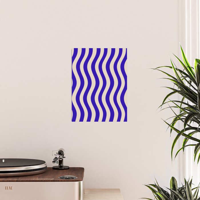 Wobbly Pop Stripes Pattern in Cobalt Blue and Beige Poster Gallery Image 2