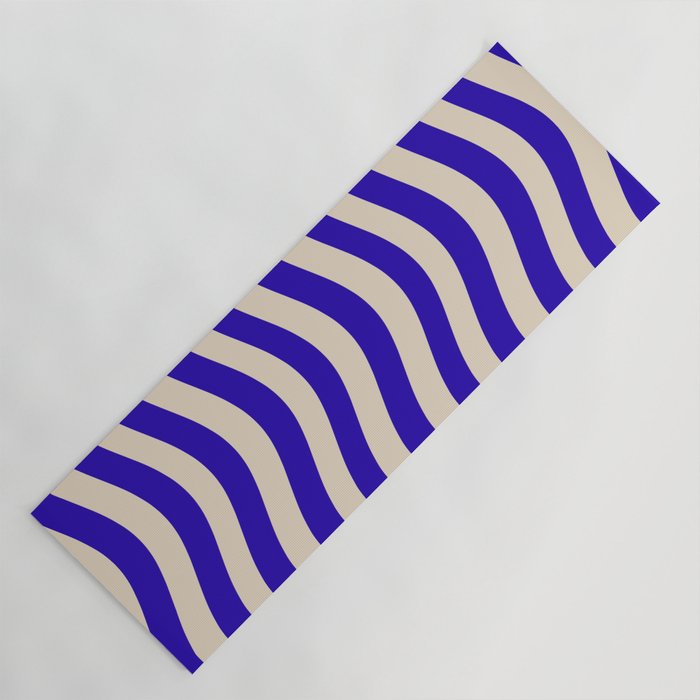 Wobbly Pop Stripes Pattern in Cobalt Blue and Beige Yoga Mat Gallery Image 1