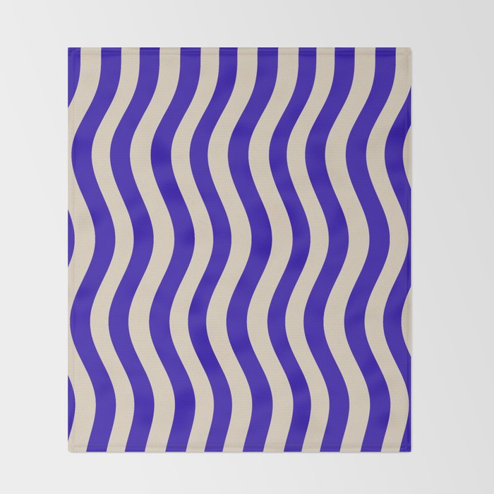 Wobbly Pop Stripes Pattern in Cobalt Blue and Beige Throw Blanket Gallery Image 2