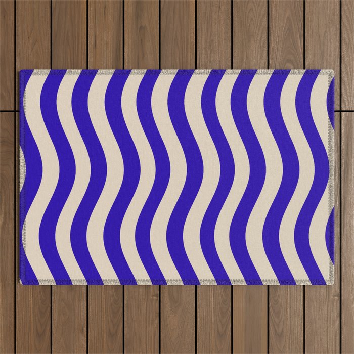 Wobbly Pop Stripes Pattern in Cobalt Blue and Beige Outdoor Rug Gallery Image 1