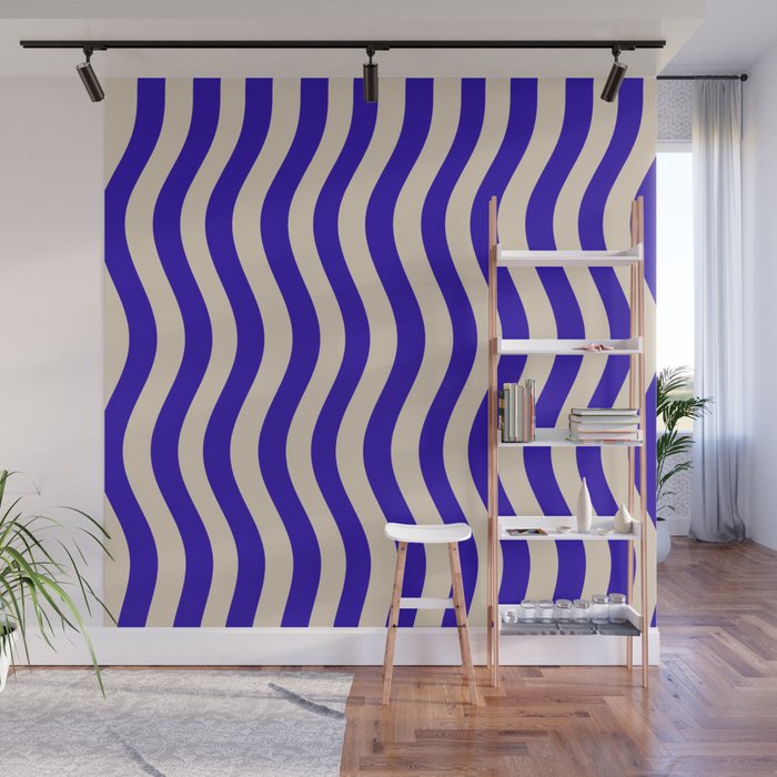 Wobbly Pop Stripes Pattern in Cobalt Blue and Beige Wall Mural Gallery Image 1