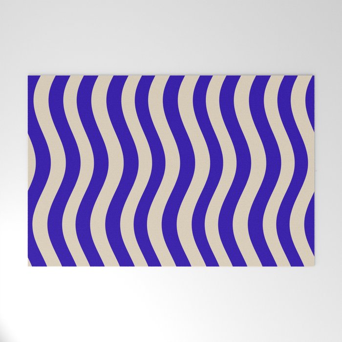 Wobbly Pop Stripes Pattern in Cobalt Blue and Beige Welcome Mat Gallery Image 1