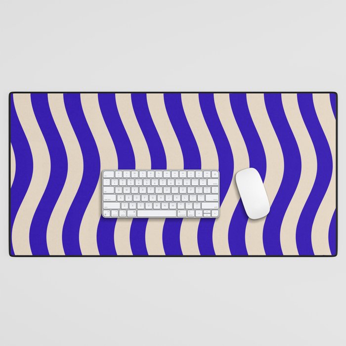 Wobbly Pop Stripes Pattern in Cobalt Blue and Beige Desk Mat Gallery Image 1