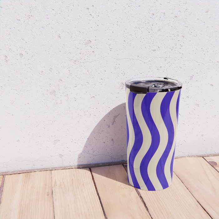 Wobbly Pop Stripes Pattern in Cobalt Blue and Beige Travel Mug Gallery Image 4
