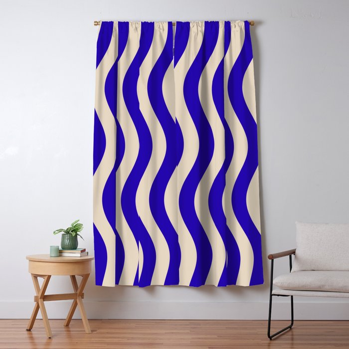 Wobbly Pop Stripes Pattern in Cobalt Blue and Beige Window Curtain Gallery Image 1