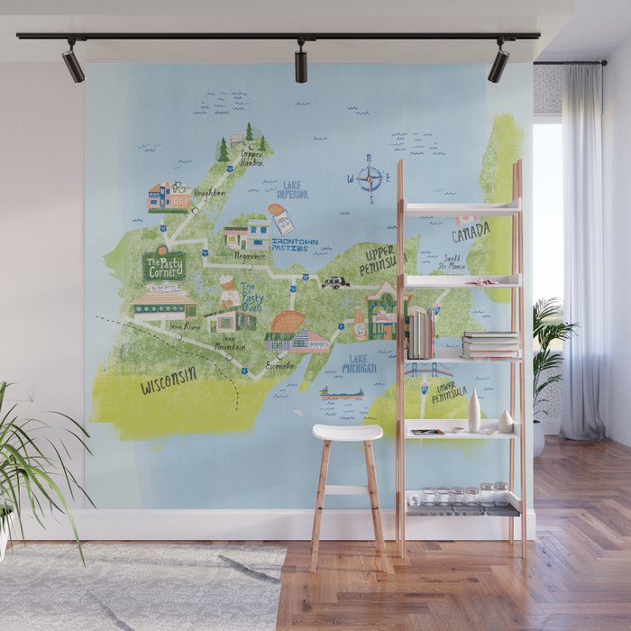 Map of Northern Michigan - Pasty Tour in Blue Wall Mural Gallery Image 1
