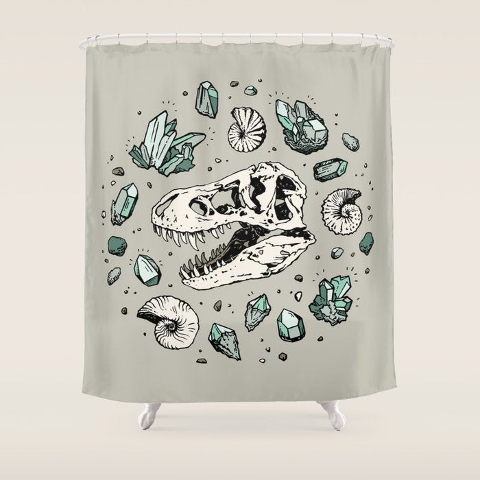 Geo-rex Vortex | Aquamarine | Dinosaur Skull Fossil Art Shower Curtain Gallery Image 1