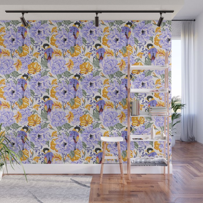 Colorful birds in garden flowers YL Wall Mural Gallery Image 1