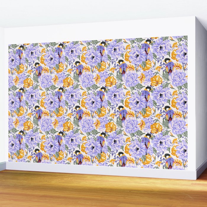 Colorful birds in garden flowers YL Wall Mural Gallery Image 2