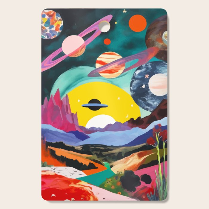 The Inner Space Landscape, Abstract Planets Painting Eclectic, Voyage Sun Moon Stars Voyage, Mountains Mars Bohemian Fantasy Cutting Board Gallery Image 1
