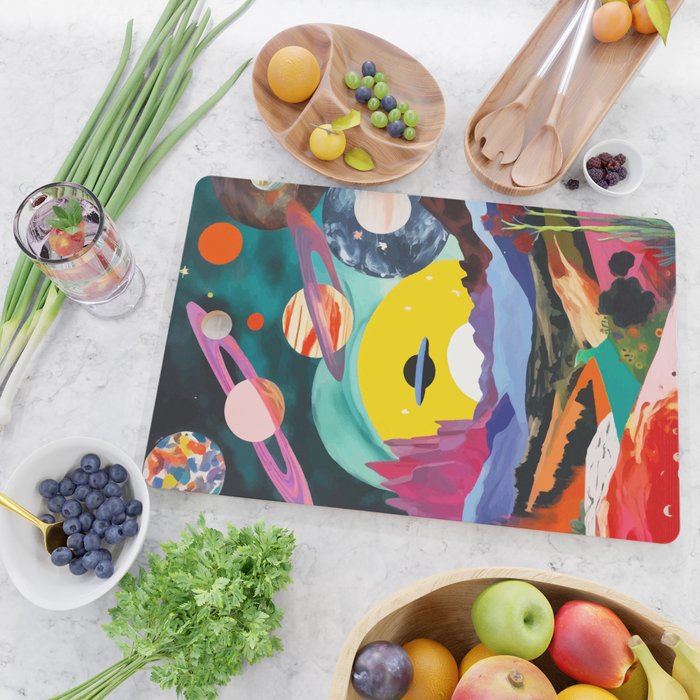 The Inner Space Landscape, Abstract Planets Painting Eclectic, Voyage Sun Moon Stars Voyage, Mountains Mars Bohemian Fantasy Cutting Board Gallery Image 2