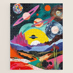 The Inner Space Landscape, Abstract Planets Painting Eclectic, Voyage Sun Moon Stars Voyage, Mountains Mars Bohemian Fantasy Jigsaw Puzzle Gallery Image 1