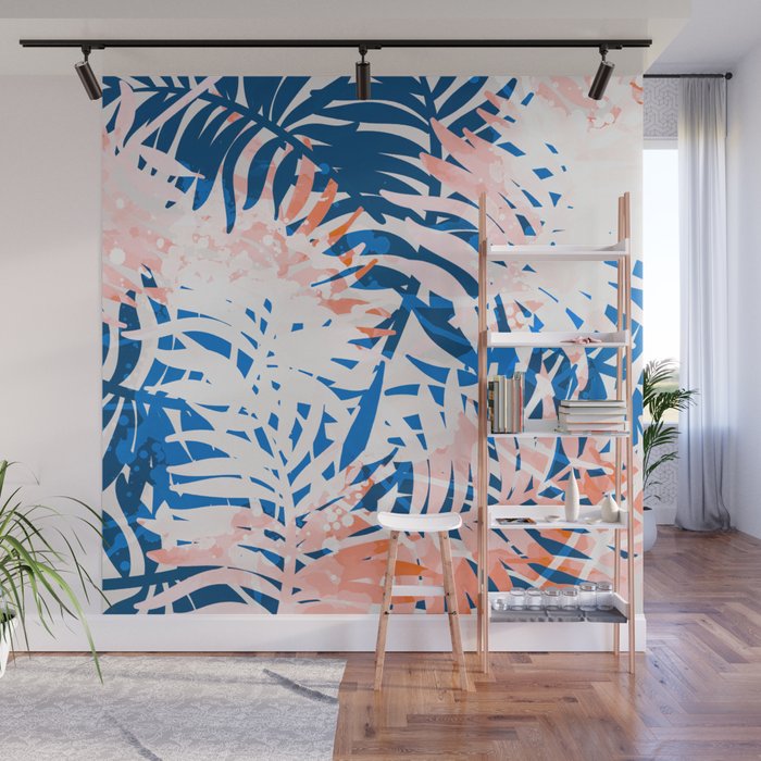 Tropical palms blue and coral Wall Mural Gallery Image 1