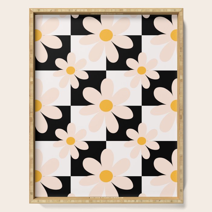 Black and White Checkered Daisy pattern  Serving Tray Gallery Image 1