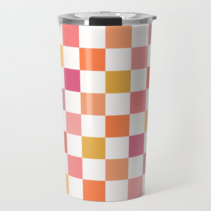 Orange, Pink & Yellow Checkered Pattern Travel Mug Gallery Image 1