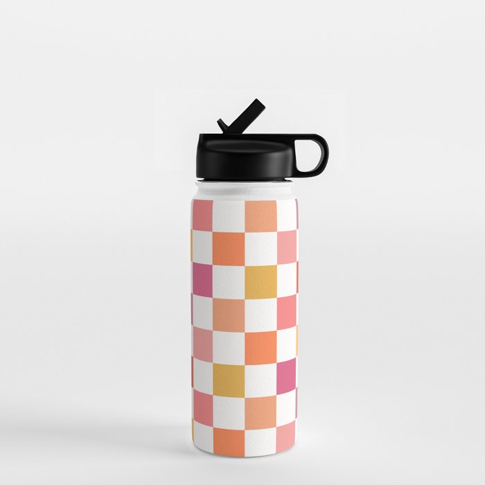 Orange, Pink & Yellow Checkered Pattern Water Bottle Gallery Image 1