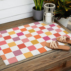 Orange, Pink & Yellow Checkered Pattern Outdoor Rug Gallery Image 2