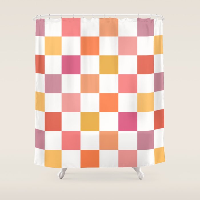 Orange, Pink & Yellow Checkered Pattern Shower Curtain Gallery Image 1