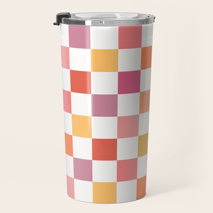Orange, Pink & Yellow Checkered Pattern Travel Mug Gallery Image 3