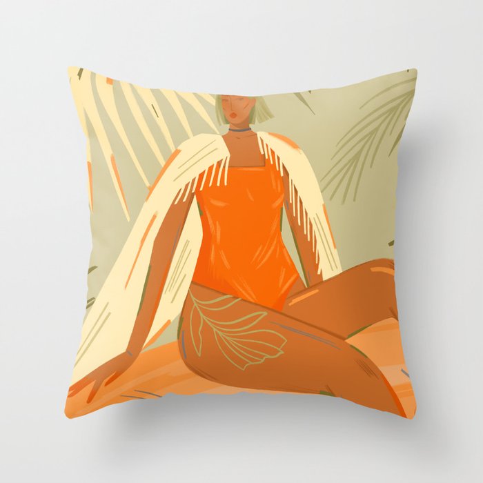 girl in a blanket on the beach Throw Pillow Gallery Image 1