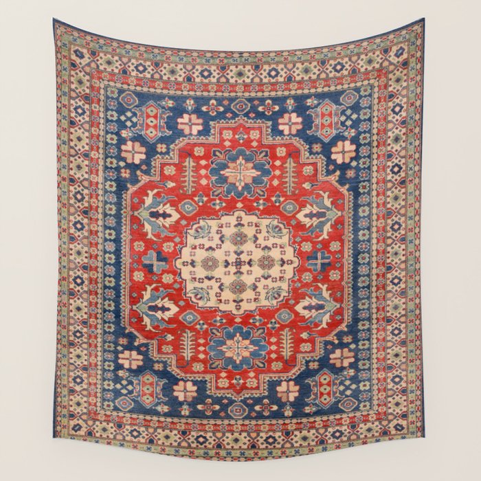 Red And Blue Madallion Kazak Handmade Rug Wall Tapestry Gallery Image 4