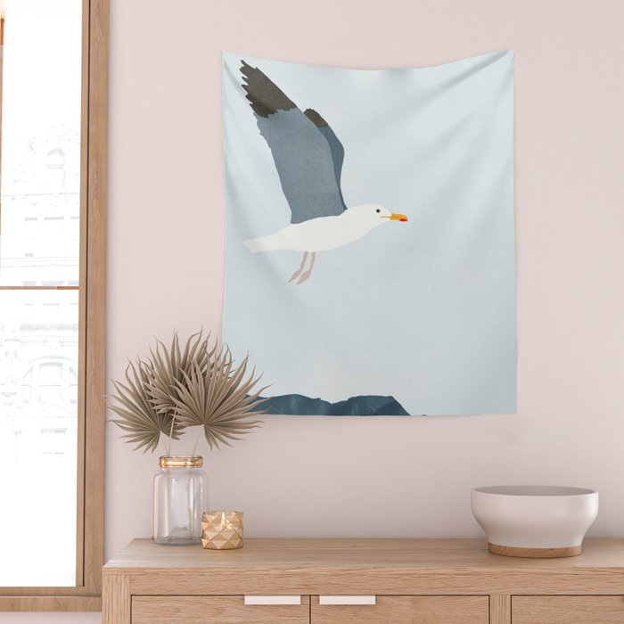 Seagull in Flight Illustration Wall Tapestry Gallery Image 2