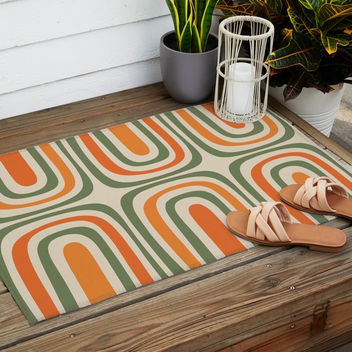 Retro Abstract Boho Confaab Pattern in Mossy Olive Green Orange Beige Outdoor Rug Gallery Image 2