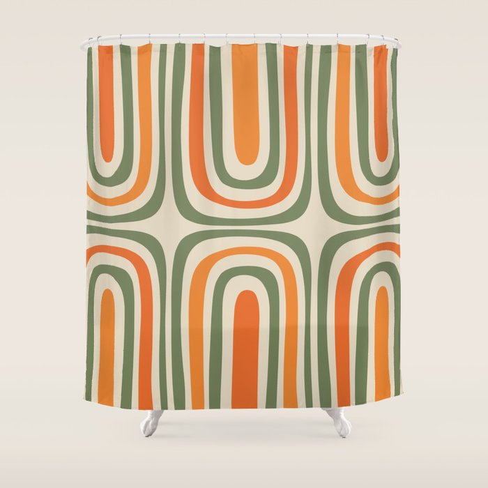 Retro Abstract Boho Confaab Pattern in Mossy Olive Green Orange Beige Shower Curtain Gallery Image 1