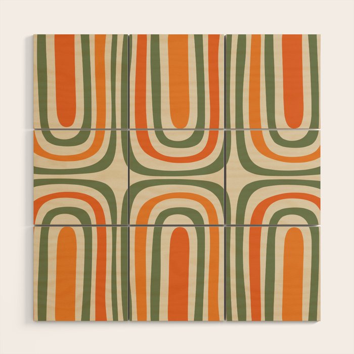 Retro Abstract Boho Confaab Pattern in Mossy Olive Green Orange Beige Wood Wall Art Gallery Image 1