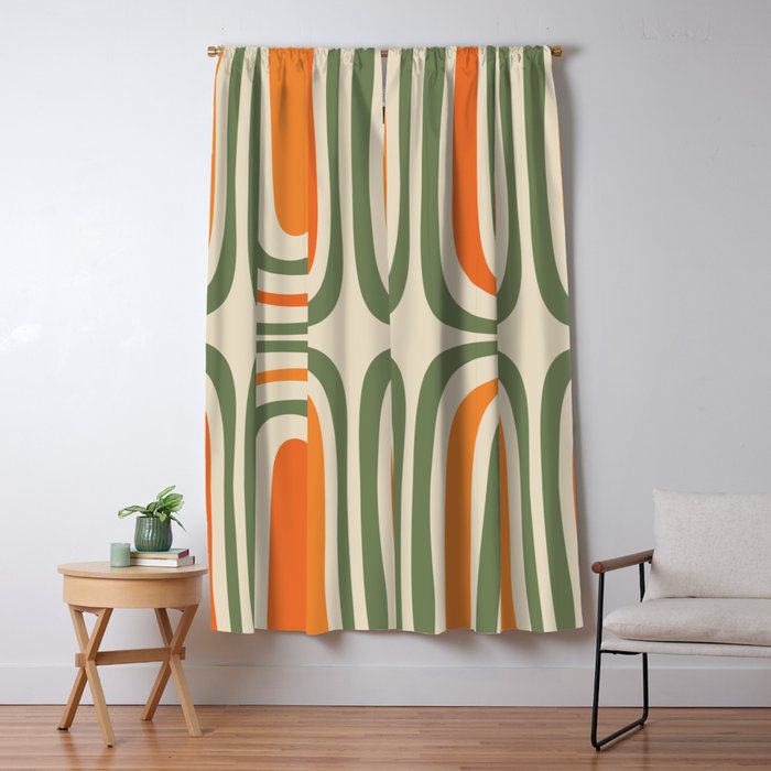 Retro Abstract Boho Confaab Pattern in Mossy Olive Green Orange Beige Window Curtain Gallery Image 5