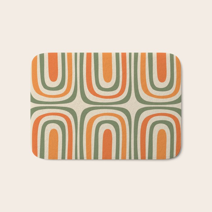 Retro Abstract Boho Confaab Pattern in Mossy Olive Green Orange Beige Bath Mat Gallery Image 1