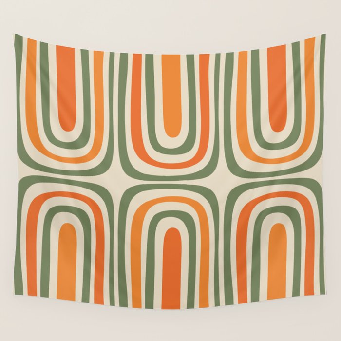 Retro Abstract Boho Confaab Pattern in Mossy Olive Green Orange Beige Wall Tapestry Gallery Image 4