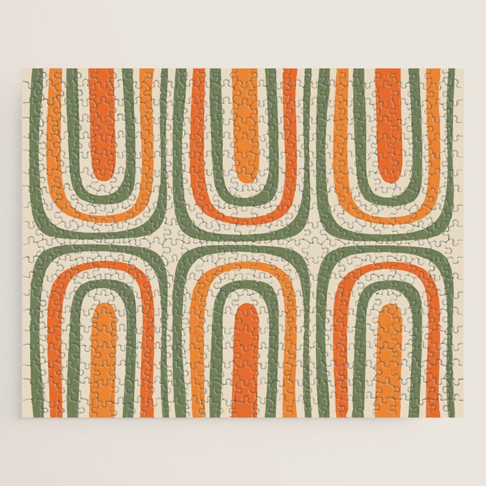 Retro Abstract Boho Confaab Pattern in Mossy Olive Green Orange Beige Jigsaw Puzzle Gallery Image 1
