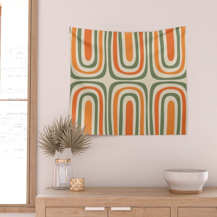 Retro Abstract Boho Confaab Pattern in Mossy Olive Green Orange Beige Wall Tapestry Gallery Image 2