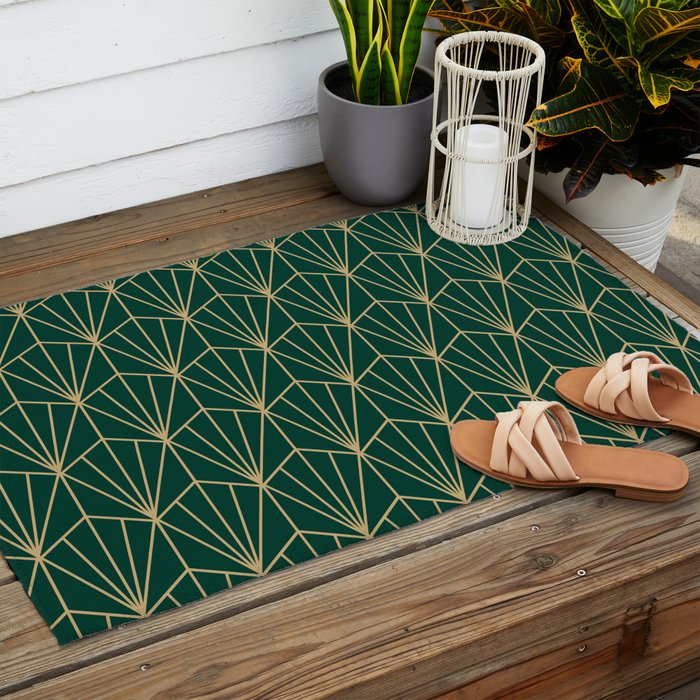 Art Deco Vector in Green and Gold Outdoor Rug Gallery Image 2