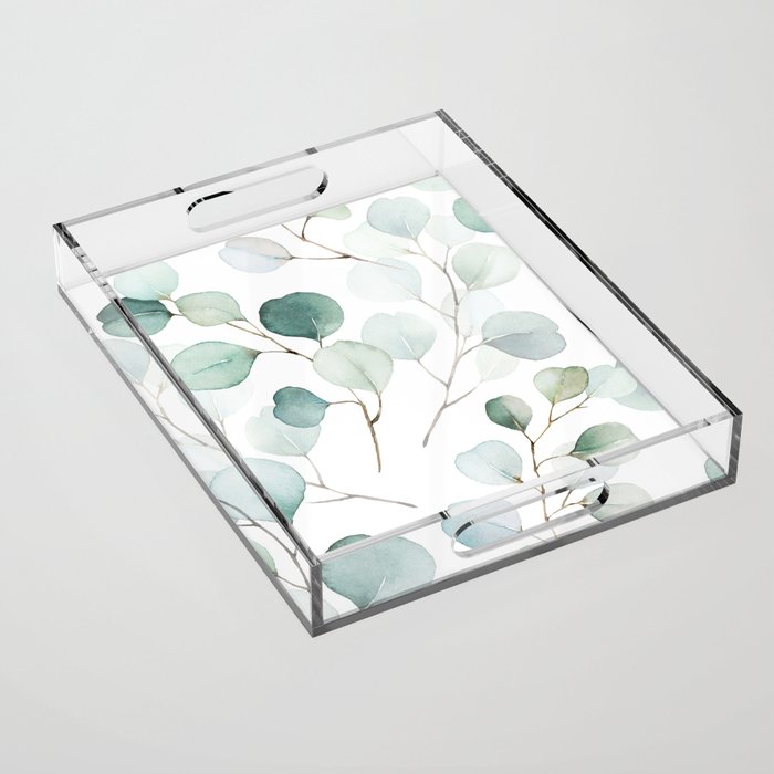 Watercolor Eucalyptus branches, botanical art, green blue leaves Acrylic Tray Gallery Image 1