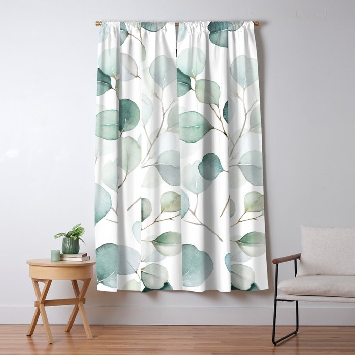 Watercolor Eucalyptus branches, botanical art, green blue leaves Window Curtain Gallery Image 5